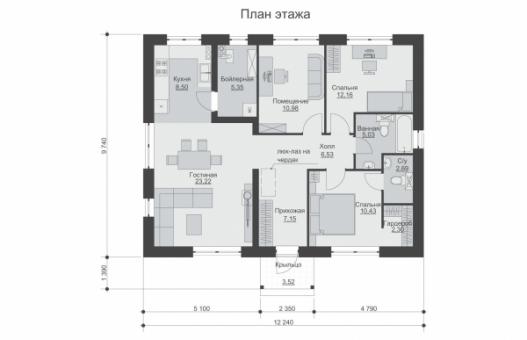 Одноэтажный дом с крыльцом и 2 спальнями